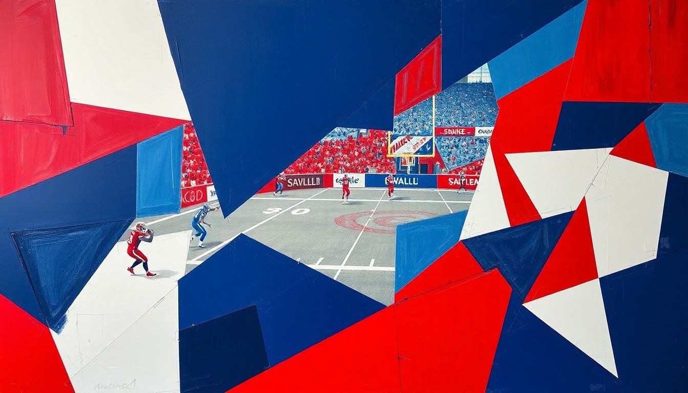 A cubist, geometric painting depicting a fragmented, multi-angled view of a football field or practice, with sharp planes of navy blue, red, and white representing the complex dynamics between coaches, players, and the media.