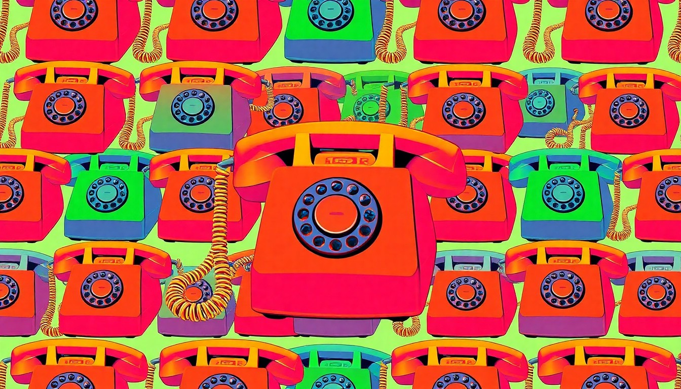 A brightly colored, high-contrast silkscreen print of a vintage telephone repeated in a grid pattern, conceptually representing the pop culture legacy of Susan Olsen's Brady Bunch character.
