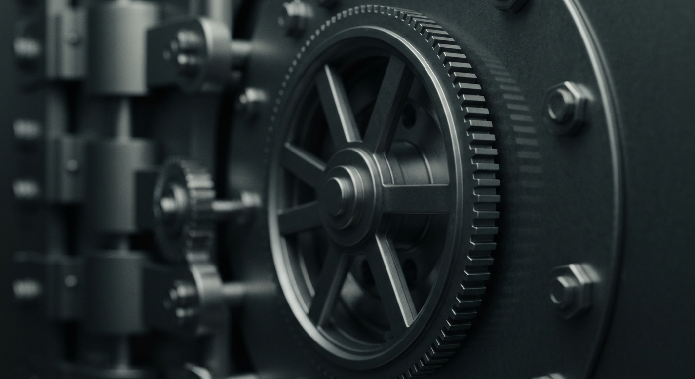 A highly detailed, black-and-white close-up image of the complex mechanical components of a bank vault door, conveying a sense of institutional security and financial stability.