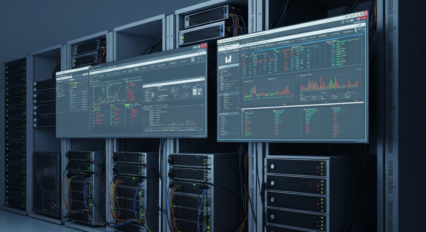 An extreme close-up of various financial accounting software components and data processing equipment, conveying the complex, industrial nature of the technology that powers investment portfolio management.