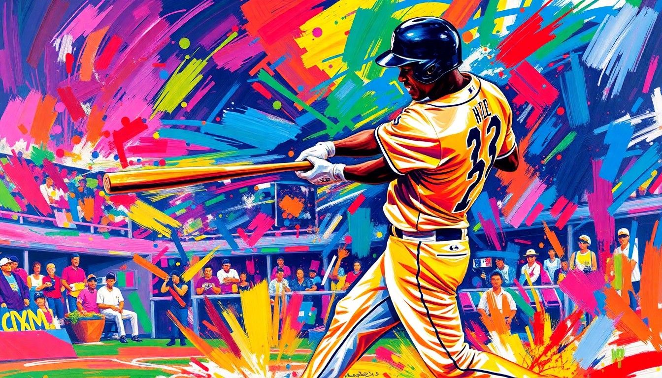 An extreme close-up of Cedric Mullins II's baseball bat making contact with the ball, captured in a vibrant, expressionist painting style with bold, neon-colored brushstrokes that convey the raw power and energy of the moment.