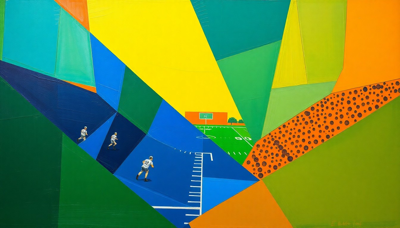 A cubist, geometric painting depicting the various elements of a high school football game - players, coaches, and spectators - broken down into sharp, overlapping shapes and planes of color, capturing the energy and strategy of the sport.