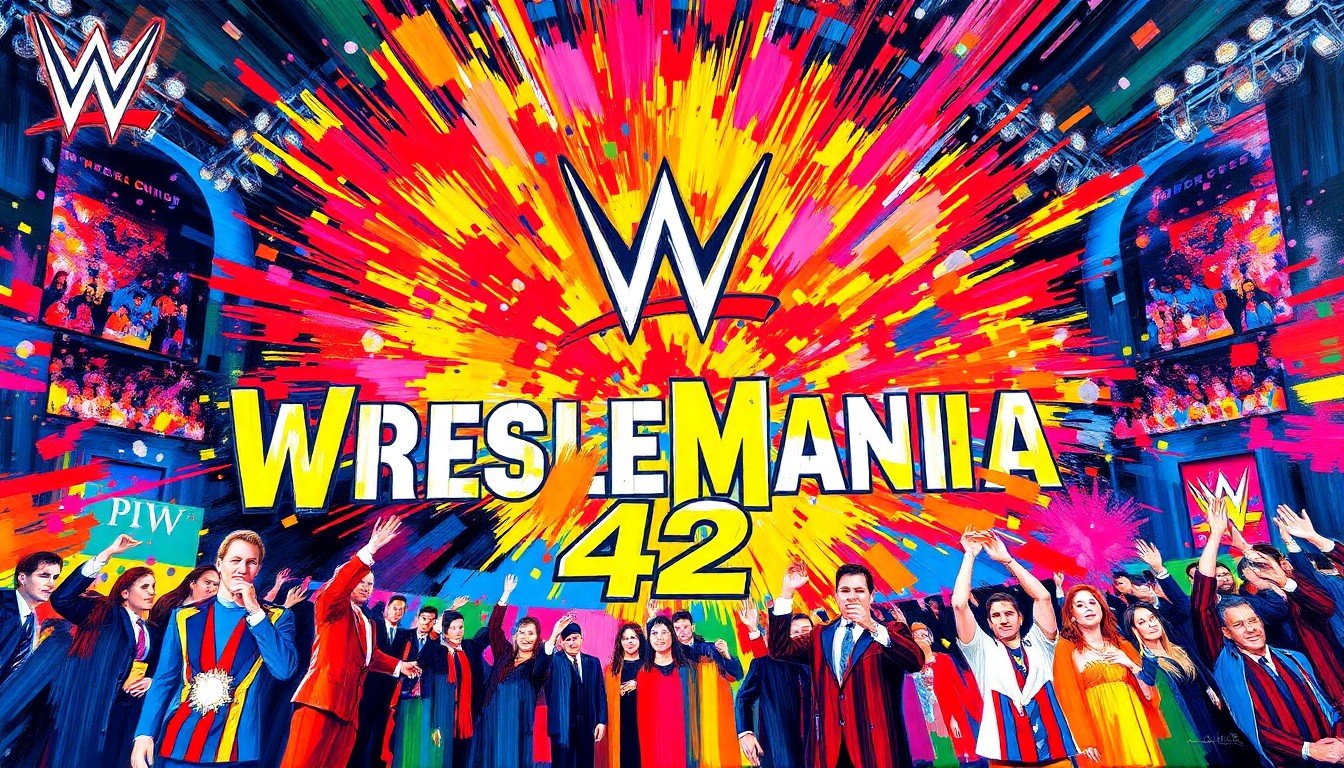 An abstract, energetic painting featuring bold, neon-colored brushstrokes that convey the intensity and drama of a WWE wrestling event, conceptually representing the economic and infrastructural impacts of hosting such a large-scale spectacle.