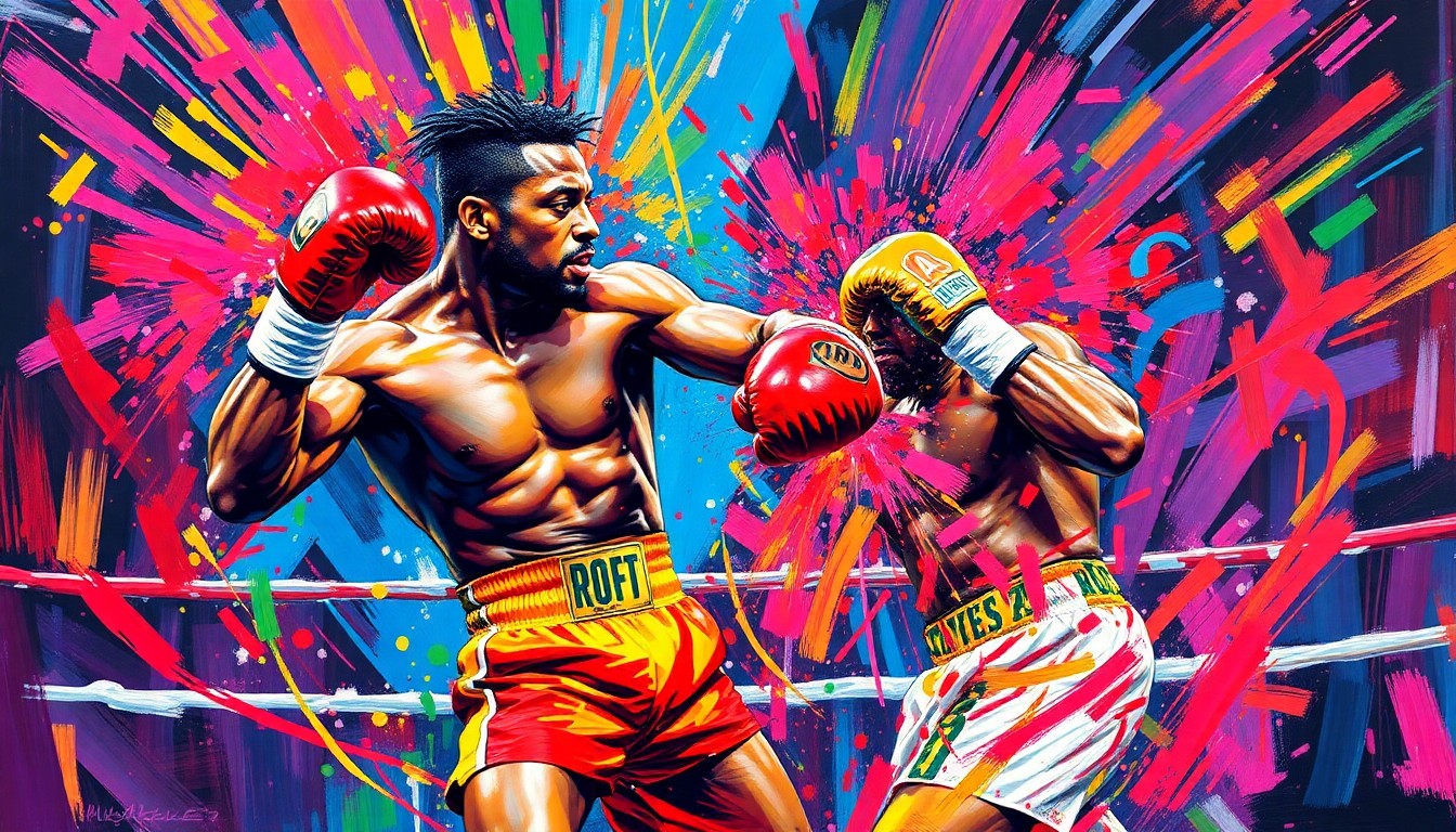 An abstract, expressionist painting in neon colors depicting the violent, explosive energy of a boxing knockout, with no recognizable faces or figures.