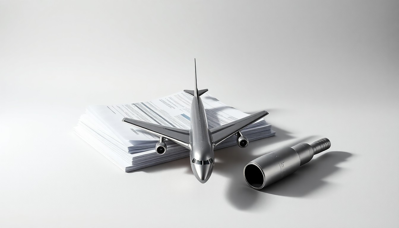 A minimalist studio still life featuring a polished metal airplane model, a stack of financial reports, and a jet fuel nozzle arranged on a clean, monochromatic background, symbolizing the abstract corporate strategy, finance, and operational challenges facing the airline industry.