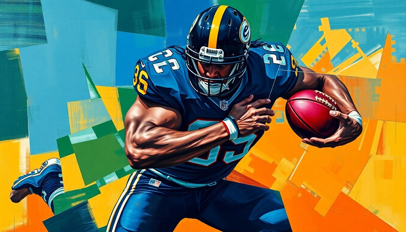 A fractured, cubist-style painting depicting a defensive tackle making a powerful tackle, with the player's form broken down into sharp, overlapping geometric shapes in a vibrant color palette.
