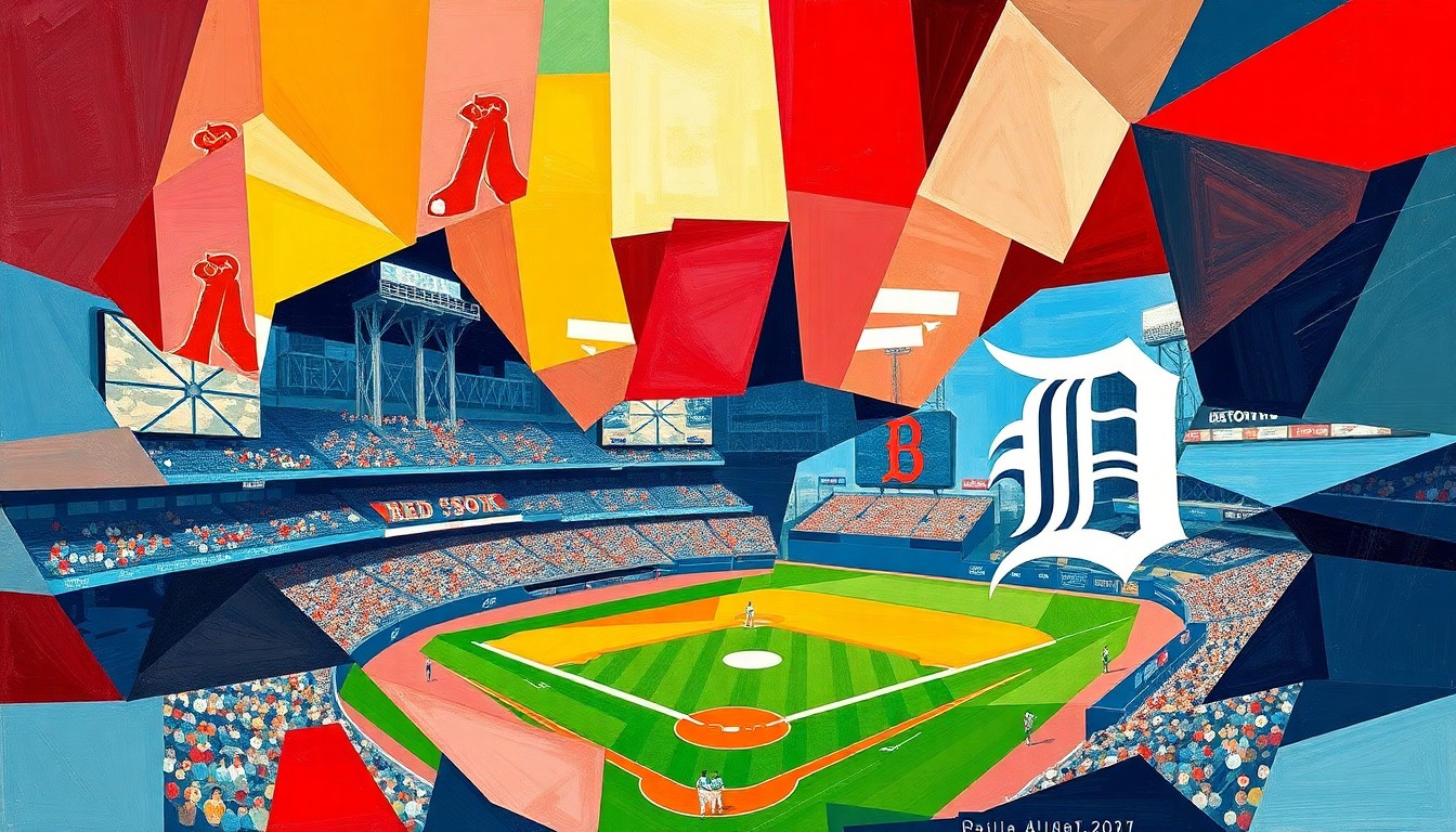 A fragmented, geometric painting in the style of Pablo Picasso, using bold red, navy blue, and orange shapes to represent the action of a baseball game without any identifiable players or teams.