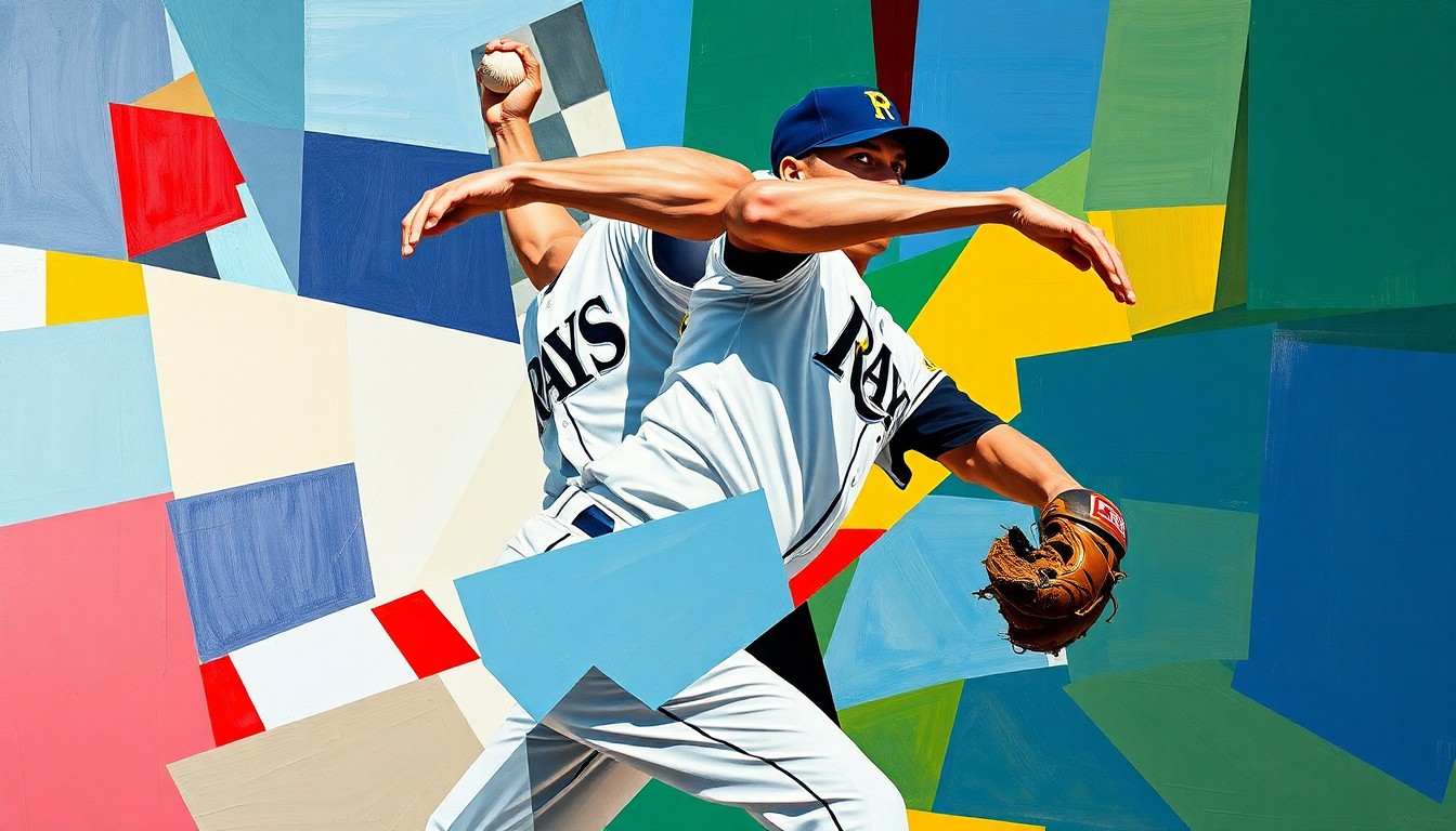 A fractured, multi-perspective painting depicting a baseball pitcher's motion, with sharp geometric planes in the colors of the Tampa Bay Rays and Pittsburgh Pirates uniforms, conveying the intensity of a late-inning relief appearance.