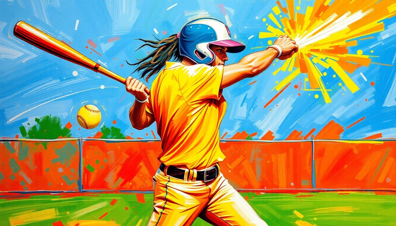 An abstract, energetic painting featuring bold, neon-colored brushstrokes that capture the dynamic motion and power of a softball player's batting swing.