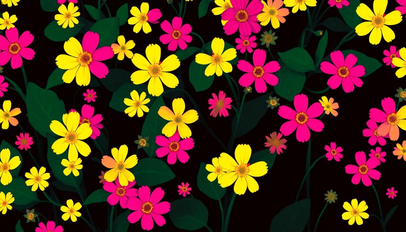 A bold, colorful silkscreen-style illustration featuring a repeating grid of vibrant yellow lesser celandine flowers against a black background, conceptually representing the weed's aggressive takeover of local ecosystems.