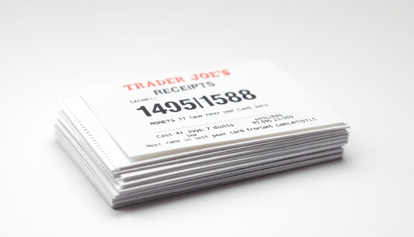 A high-contrast, photorealistic studio photograph showing a stack of Trader Joe's receipts with only the last four digits of a credit card number visible, symbolizing the company's violation of laws limiting printed card information.