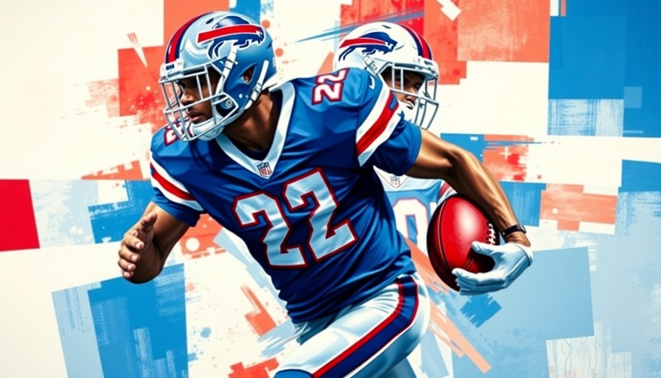 A fragmented, geometric painting in shades of blue, red, and white, depicting a Buffalo Bills cornerback in motion, their form broken down into sharp, overlapping planes that convey the dynamic and multifaceted nature of the position.
