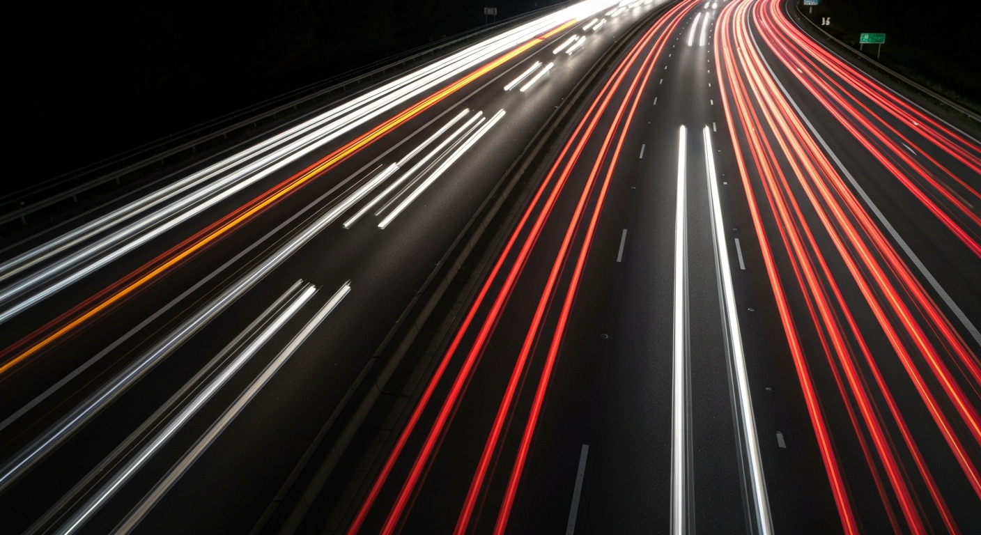 A dynamic, blurred image of a highway interchange at night, with streaks of red and white lights representing the flow of traffic, conceptually illustrating the disruption caused by overnight roadwork.