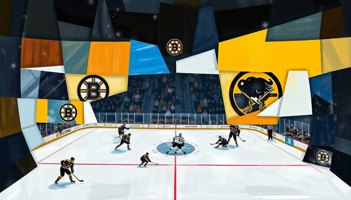 A cubist-style painting depicting a hockey game between the Boston Bruins and Buffalo Sabres, with the players and action broken down into sharp, overlapping geometric shapes and planes of color.