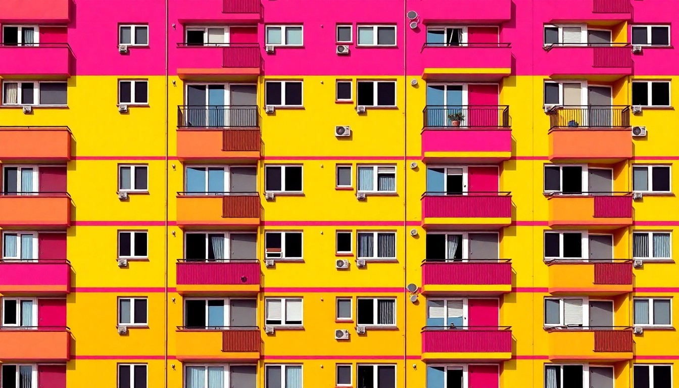 A vibrant, silkscreen-style illustration featuring a repeated pattern of a modern apartment building facade in bright, neon-inspired colors, conceptually representing the new affordable housing projects coming to Easton's South Side.