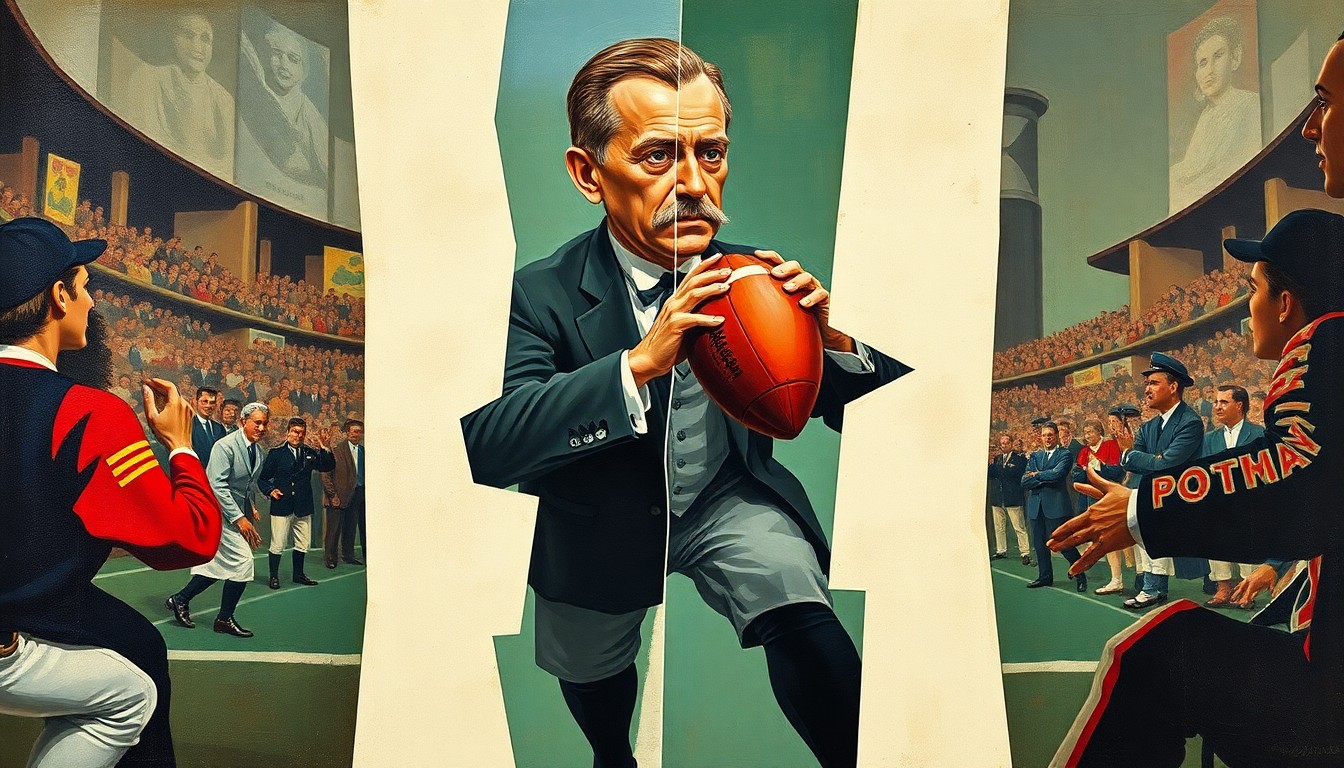A fragmented, geometric painting depicting overlapping planes and shapes representing Teddy Roosevelt and the early 20th century game of football, conveying the conceptual importance of his advocacy and reforms.