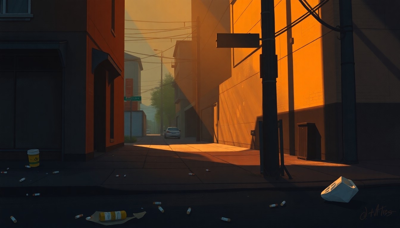 A cinematic painting of a solitary street corner in Seattle, bathed in warm, diagonal sunlight and deep shadows, with discarded needles and litter scattered on the ground, conceptually illustrating the city's neglect of its residents.