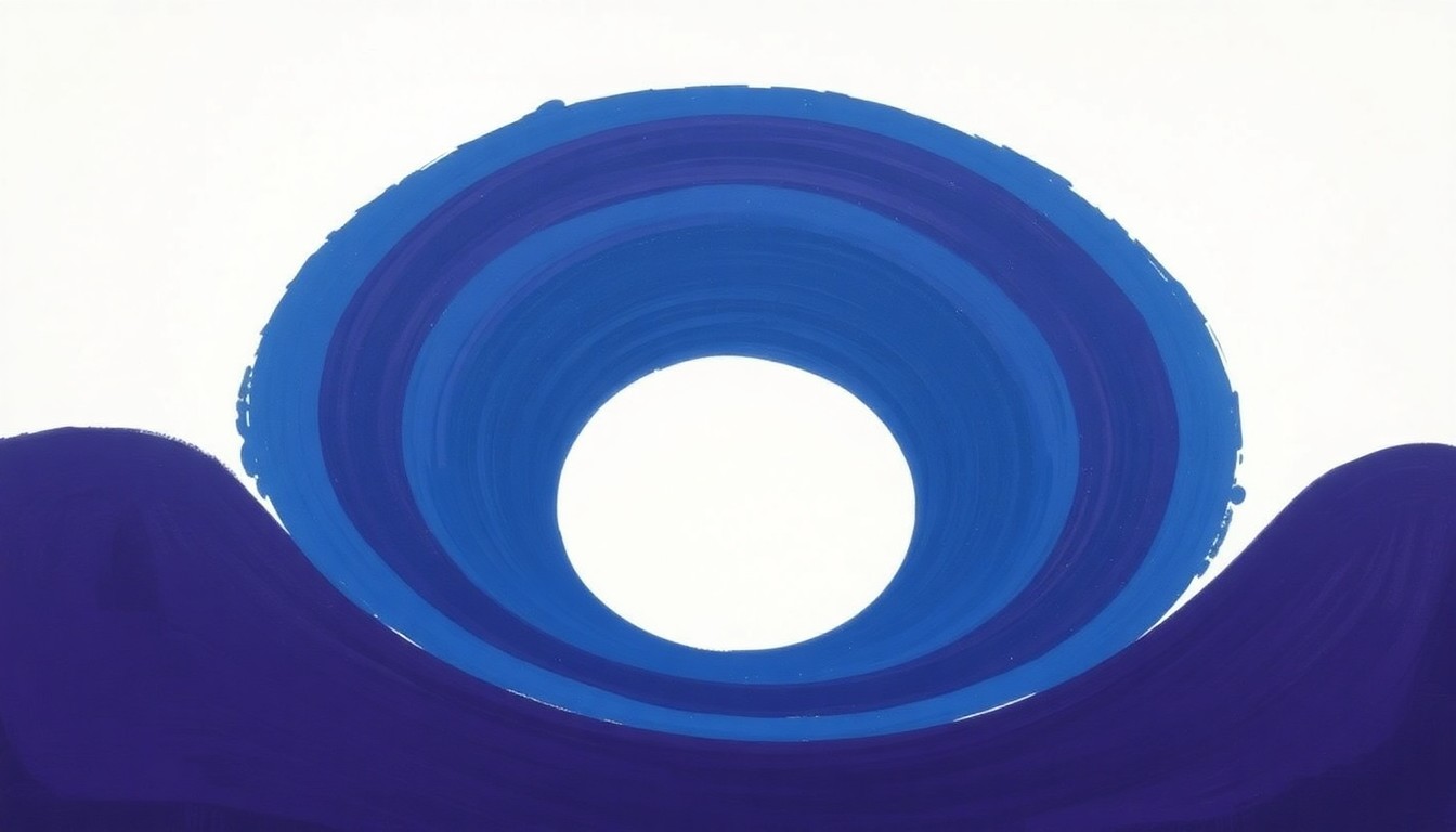 A bold, abstract painting depicting the Apophis asteroid as a sweeping, concentric geometric form in shades of deep blue and violet, conveying the scale and power of this colossal celestial body.