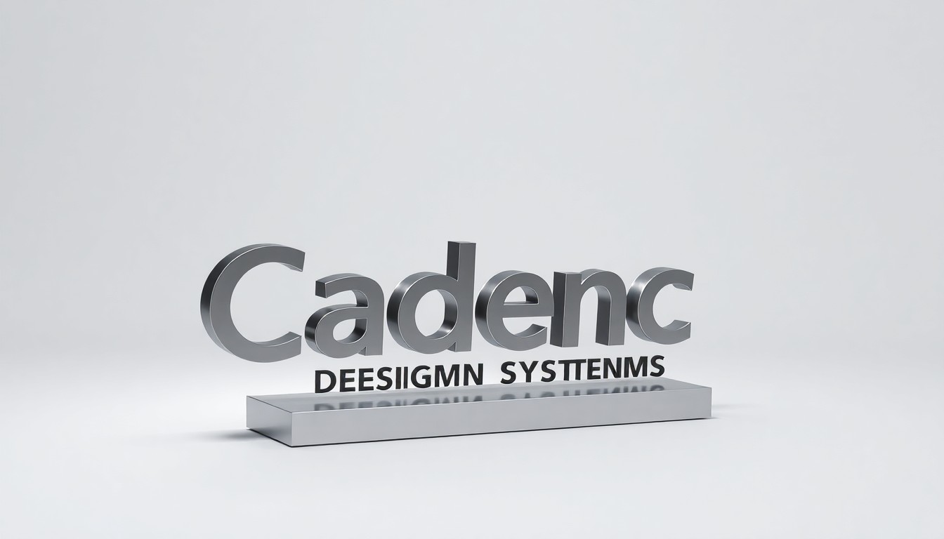 A polished, geometric metal sculpture representing the Cadence Design Systems logo, arranged elegantly on a clean, monochromatic seamless background with dramatic studio lighting and deep shadows, conceptually illustrating the company's role in the complex world of electronic design automation.