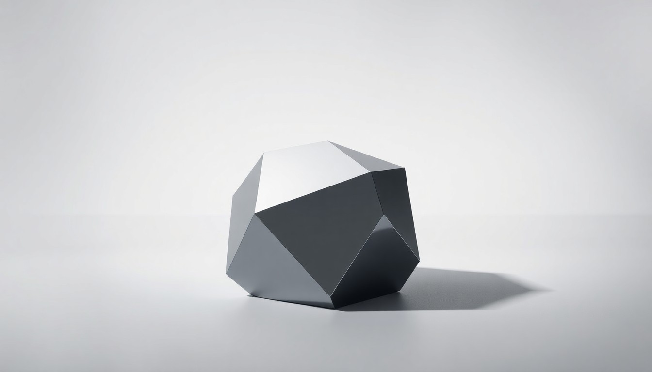 A highly detailed, photorealistic studio still life photograph featuring a sleek, metallic geometric object resting on a plain, monochromatic background, conveying the abstract corporate strategy and market performance of Tyler Technologies.