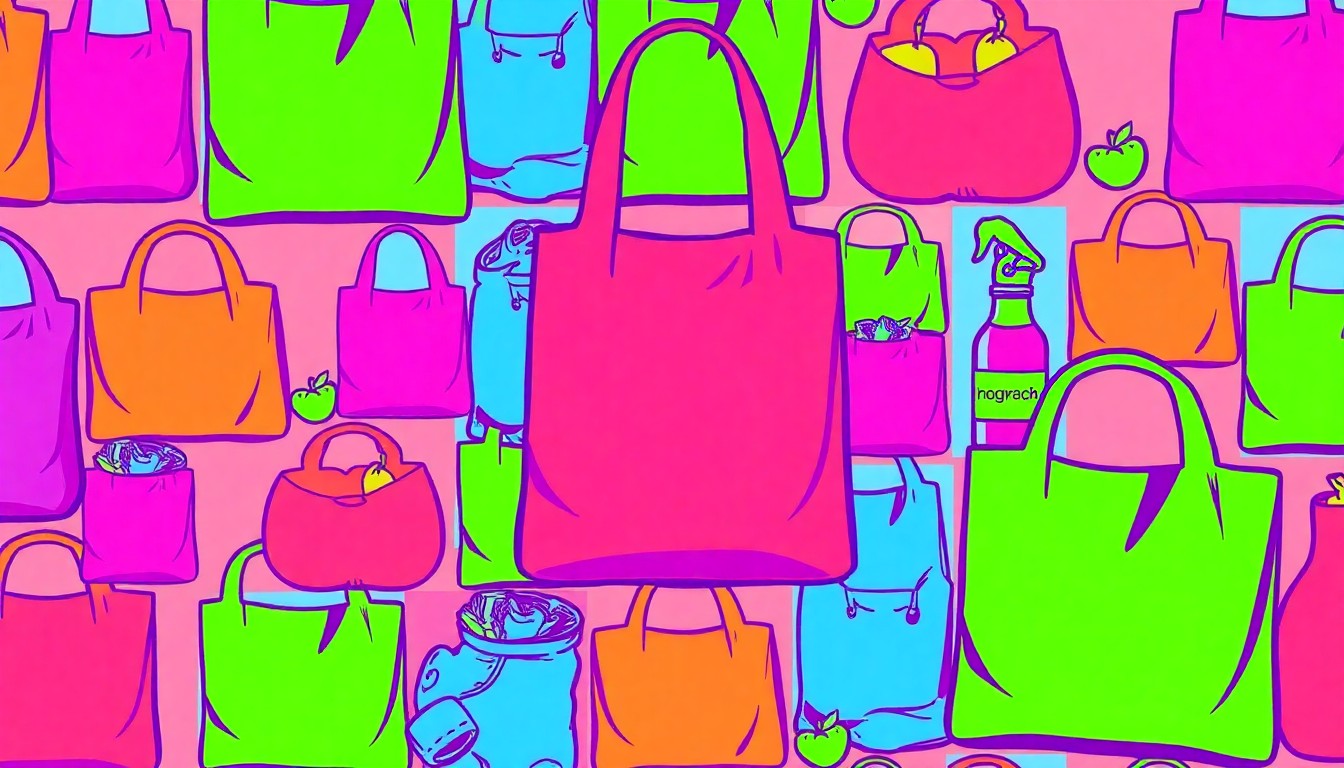 A brightly colored, high-contrast silkscreen print of a reusable grocery bag in a repeating grid pattern, conceptually representing the community-focused values and sustainable products of the Rainbow Grocery Cooperative.