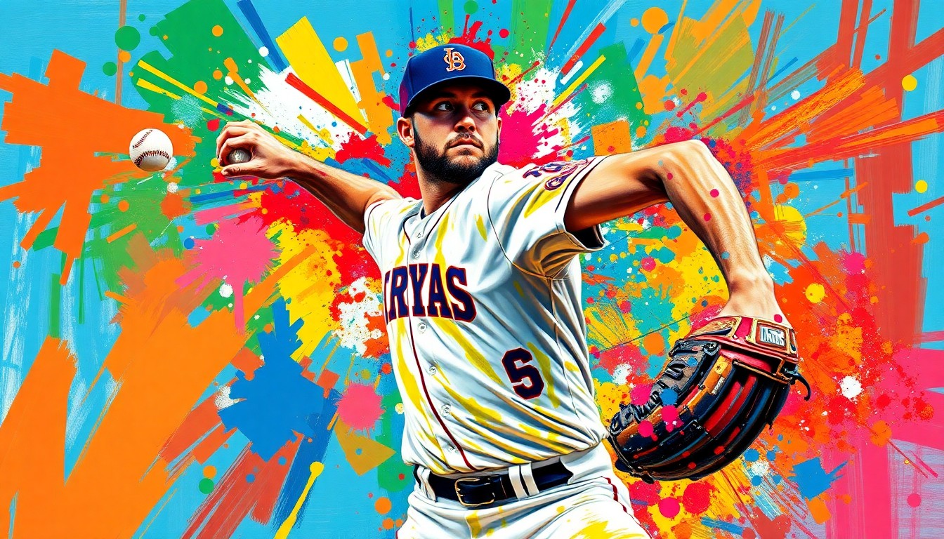An expressionist painting in vibrant neon colors capturing the raw energy and motion of a baseball pitcher in the midst of a powerful strikeout pitch, with his face and uniform dissolving into abstract brushstrokes.