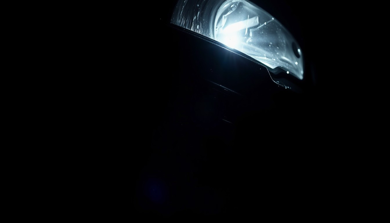 An extreme close-up photograph of a damaged car part such as a twisted metal bumper or shattered glass, lit by a harsh, direct camera flash against a pitch-black background, conceptually illustrating the tragic consequences of the fatal crash.