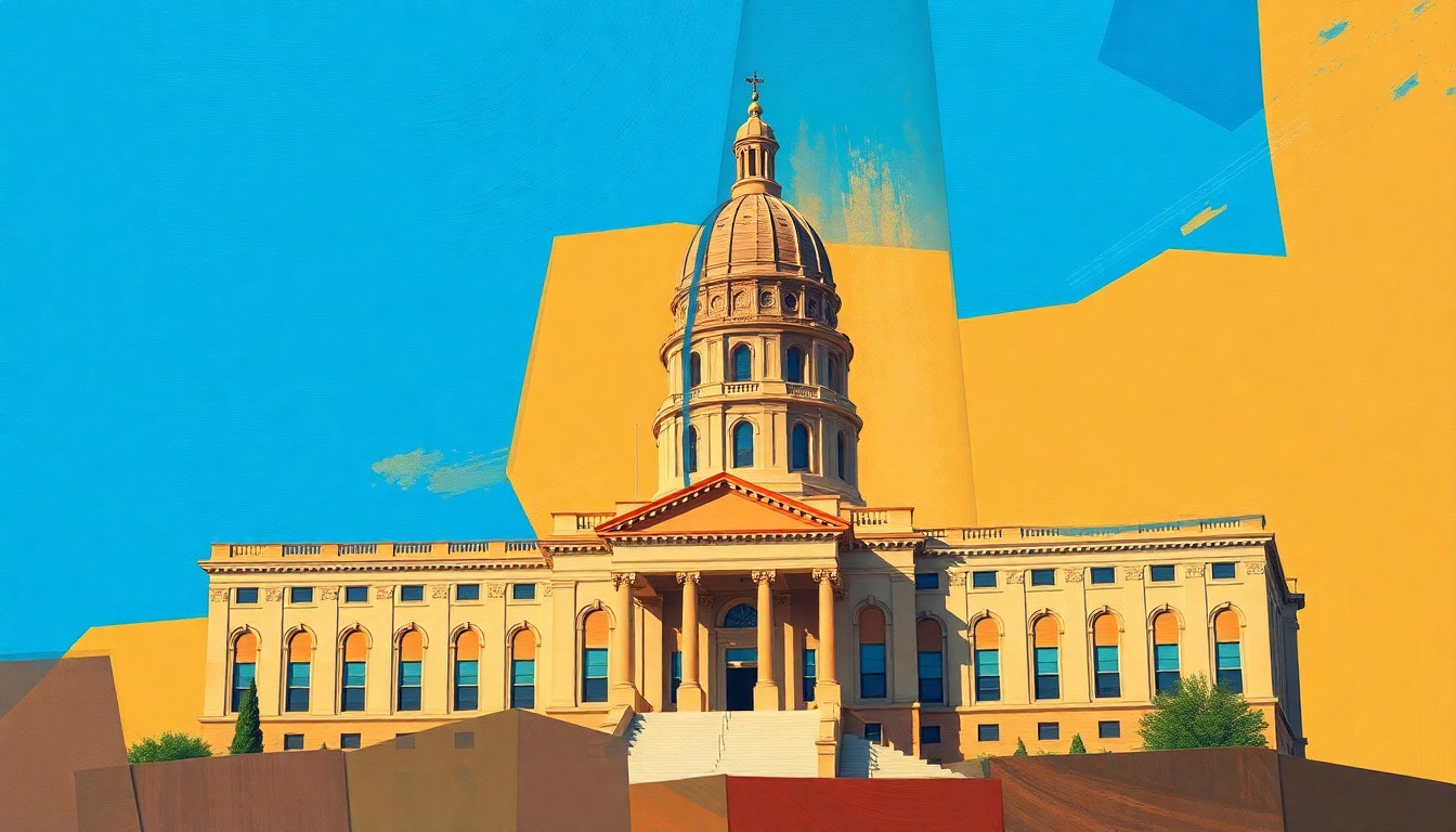 A vibrant, abstract painting featuring overlapping, fractured geometric shapes in warm earth tones and bright blue, representing the complex and evolving political issues facing New Mexico.