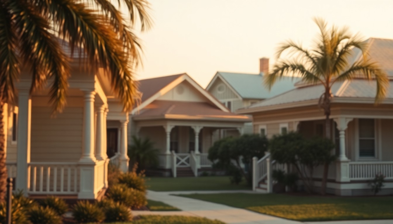 An abstract, out-of-focus photograph depicting a row of historic bungalows in soft, warm light, conveying a sense of nostalgia for Sarasota's past.