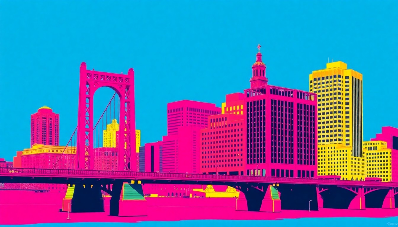 A high-contrast, silkscreen-style illustration featuring a repeating grid of stylized Cincinnati skyline elements in vibrant neon colors, conceptually representing the city's evolving urban landscape.
