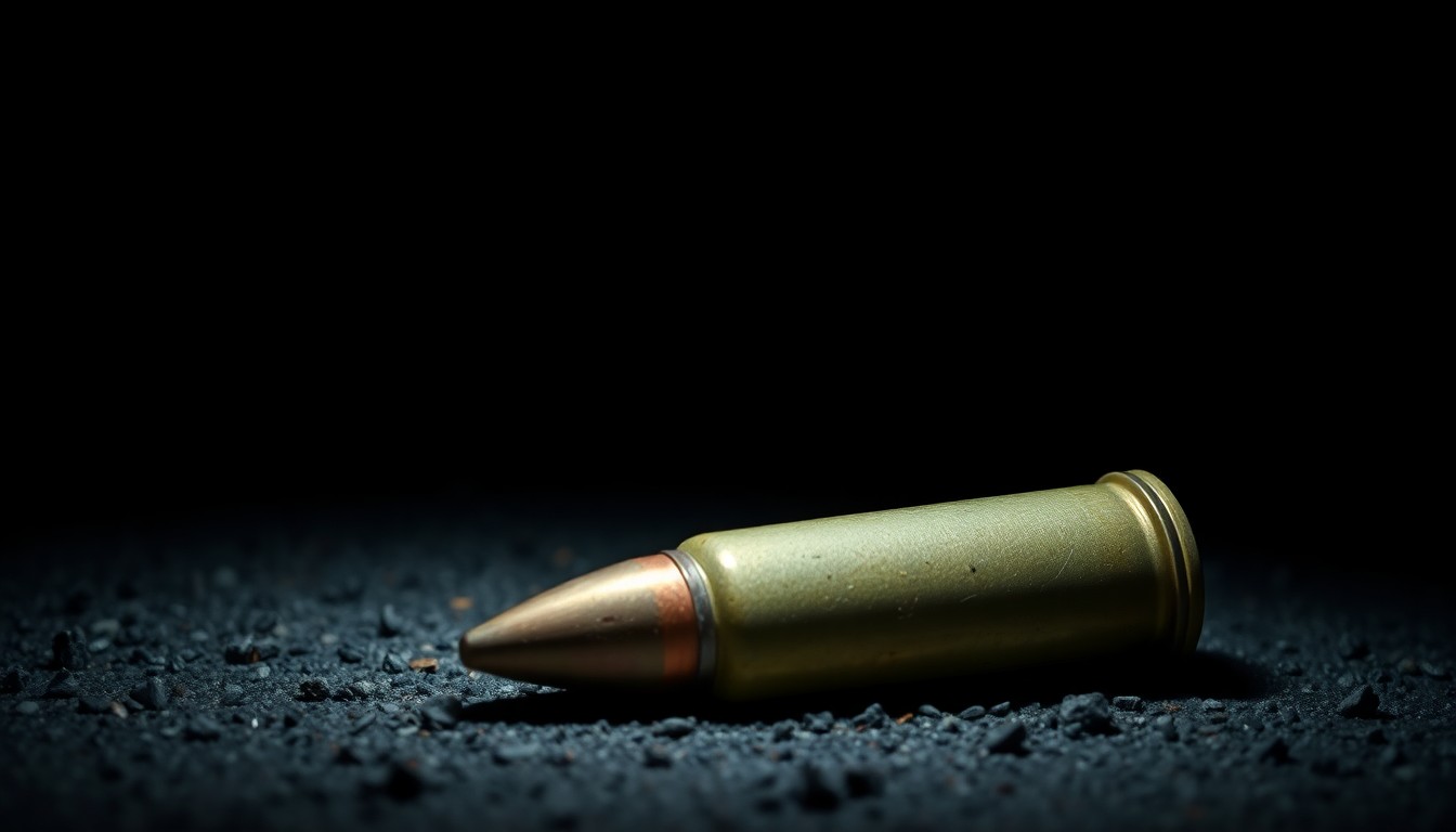 An extreme close-up photograph of a spent shell casing on the ground, lit by a harsh, direct camera flash against a pitch-black background, conveying a stark, gritty, investigative aesthetic.