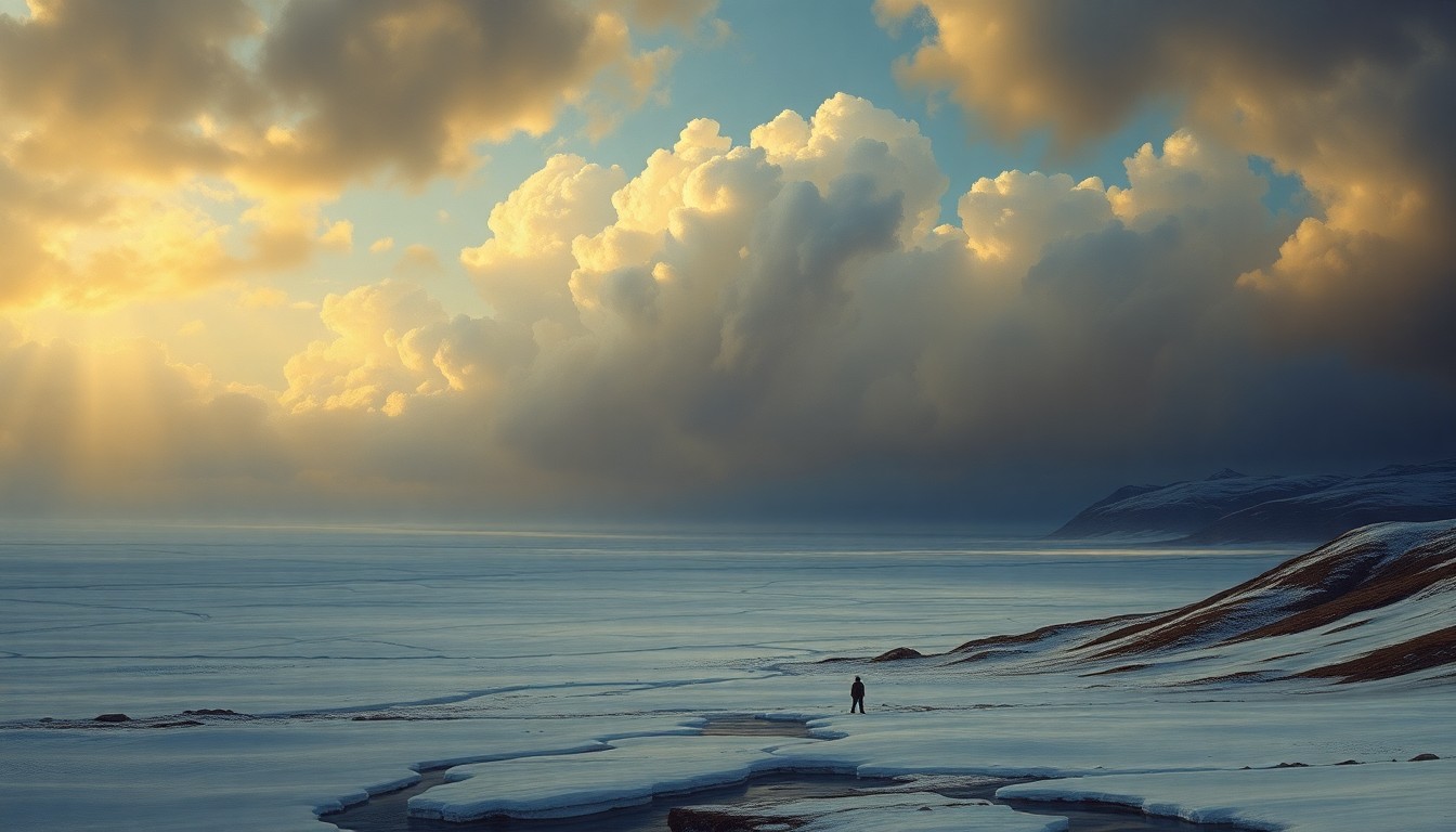 A vast, snow-covered landscape painting in muted tones of blue, gray, and white, with a dramatic, cloudy sky overhead. The scene conveys a sense of the overwhelming power and sublime beauty of nature, with any physical structures or objects dwarfed by the scale of the environment.