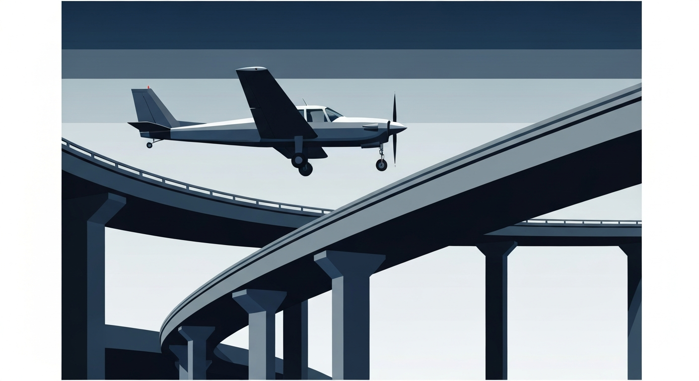 A bold, geometric illustration depicting a small plane in mid-landing on a sweeping, streamlined freeway overpass, capturing the dramatic tension and grand scale of the unexpected highway incident.