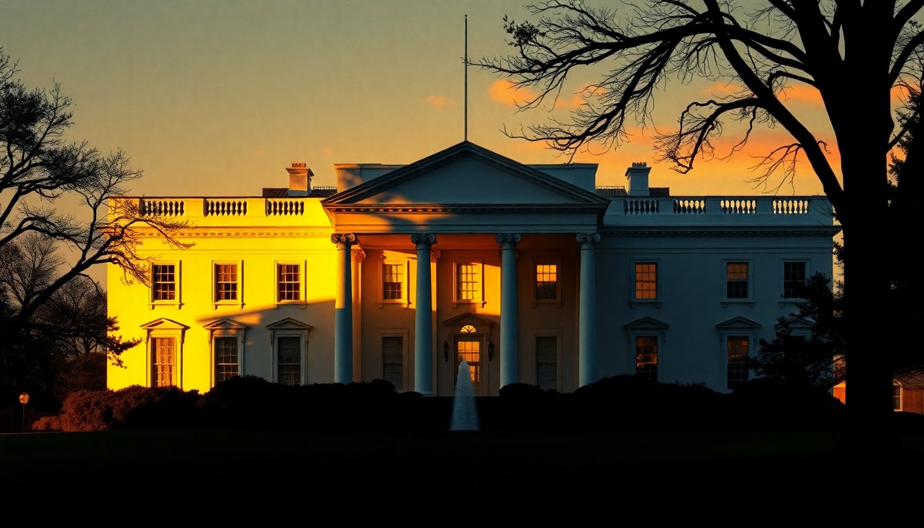 A serene, photorealistic painting of the White House in warm, golden light, with the planned ballroom addition visible in the background, conveying a sense of quiet contemplation and nostalgia.