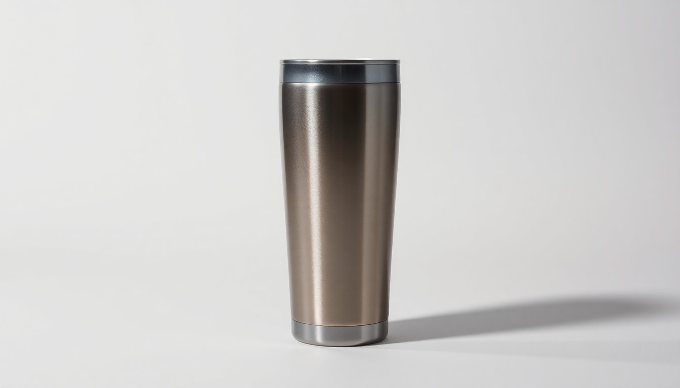 A close-up, high-contrast photograph of a sleek, stainless steel coffee tumbler with a minimalist, premium design, representing Dekáf's focus on practical, long-lasting tools for daily coffee rituals.