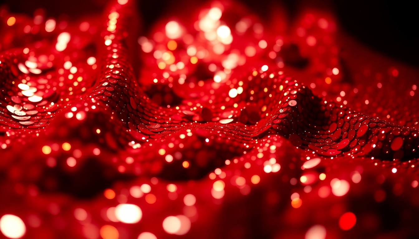 An extreme close-up photograph of luxurious, sparkling red sequins, capturing the glamour and celebratory mood of the event honoring Eddie Murphy's legendary comedy career.
