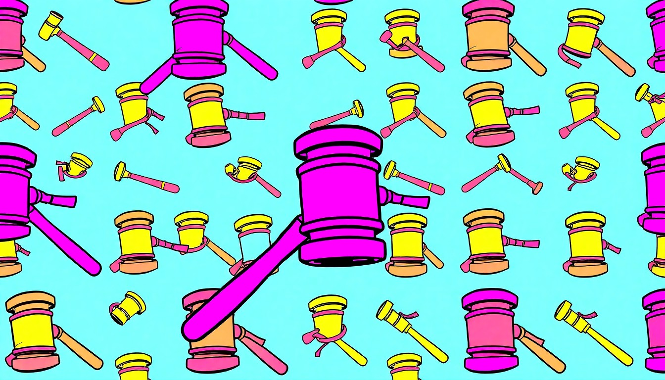 A brightly colored, high-contrast silkscreen print of a gavel repeated in a tight grid pattern, representing the core symbol of the legal system. Vibrant neon colors like electric blue, hot pink, and sunshine yellow overlap with heavy black photographic outlines to turn the everyday object of a gavel into modern pop art.