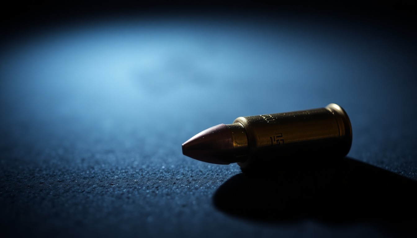 An extreme close-up of a metallic bullet casing reflecting a bright flash of light, conceptually representing the violence of a home invasion and the homeowner's use of force.