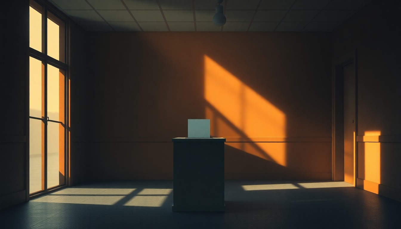 A softly lit, cinematic painting depicting a lone ballot box sitting on a wooden desk in a dimly lit government office, with warm sunlight streaming in through a window and creating deep shadows across the scene, conveying a sense of anticipation and importance surrounding the upcoming election.