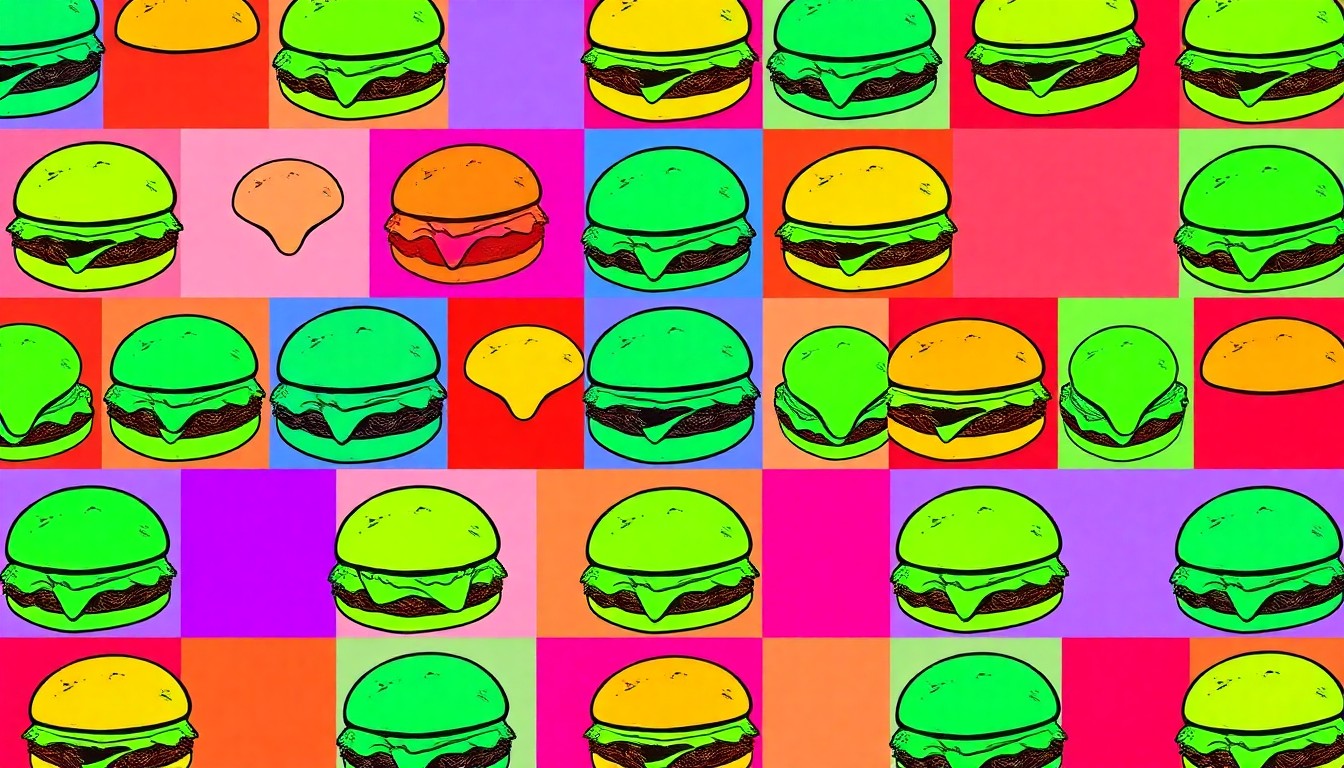 A high-contrast, silkscreen-style illustration featuring a repeated pattern of a vegan pastry item in vibrant neon colors, conceptually representing the diverse array of plant-based cuisine options available during Columbus Vegan Dining Week.