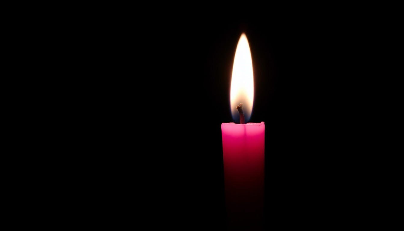 An extreme close-up photograph of a single pink candle flame flickering in the darkness, conceptually representing the community's collective mourning and remembrance.