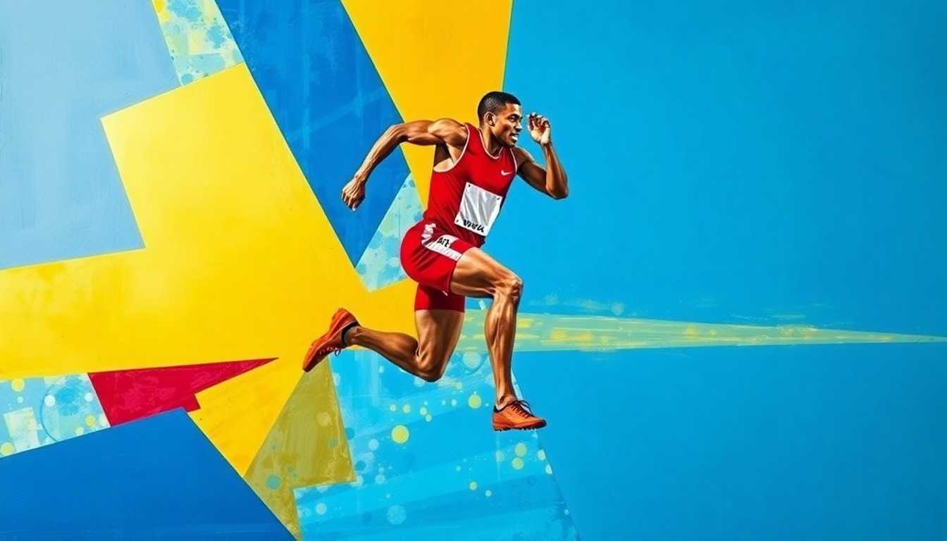 A fragmented, geometric painting depicting a track and field athlete mid-jump, with bold brushstrokes and a vibrant color palette conveying the dynamic movement and spirit of the sport.
