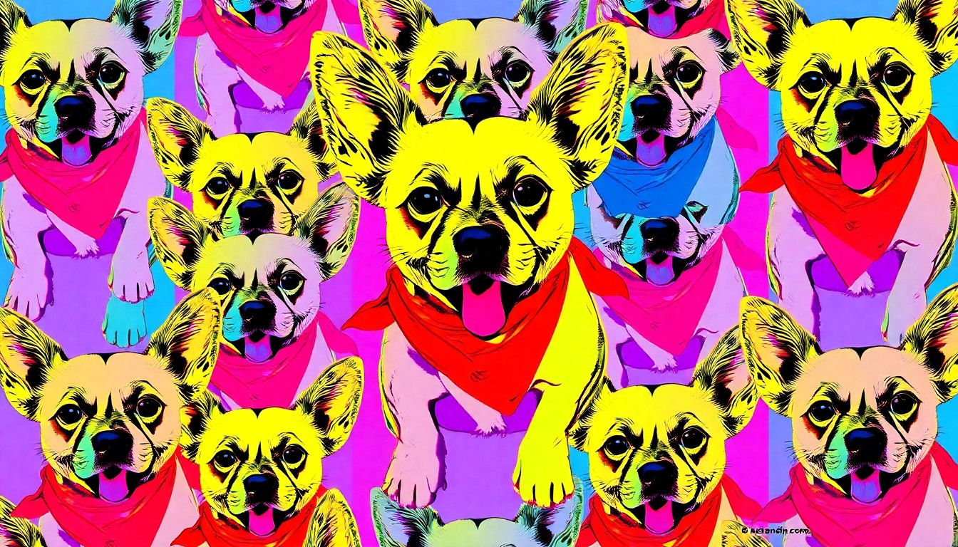 A high-contrast, silkscreen-style illustration of a playful dog in a colorful bandana, repeated in a grid pattern with bright, unnatural colors and heavy black outlines, conceptually representing the energy and community spirit of Chico's annual Woofstock Festival.