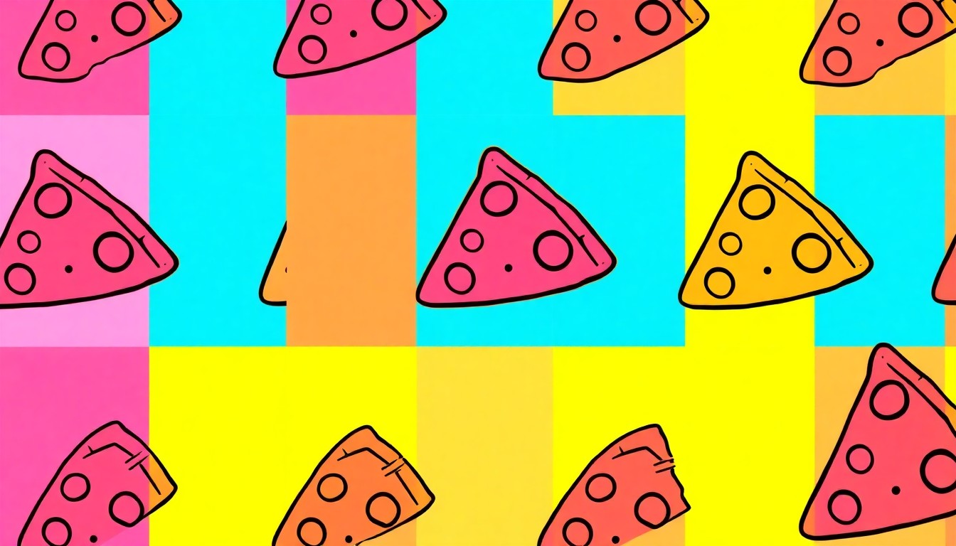 A bold, colorful silkscreen illustration featuring a repeating pattern of a single, iconic pizza slice in neon shades of red, yellow, and blue, conceptually representing the energy and excitement of the Akron Pizza Fest.