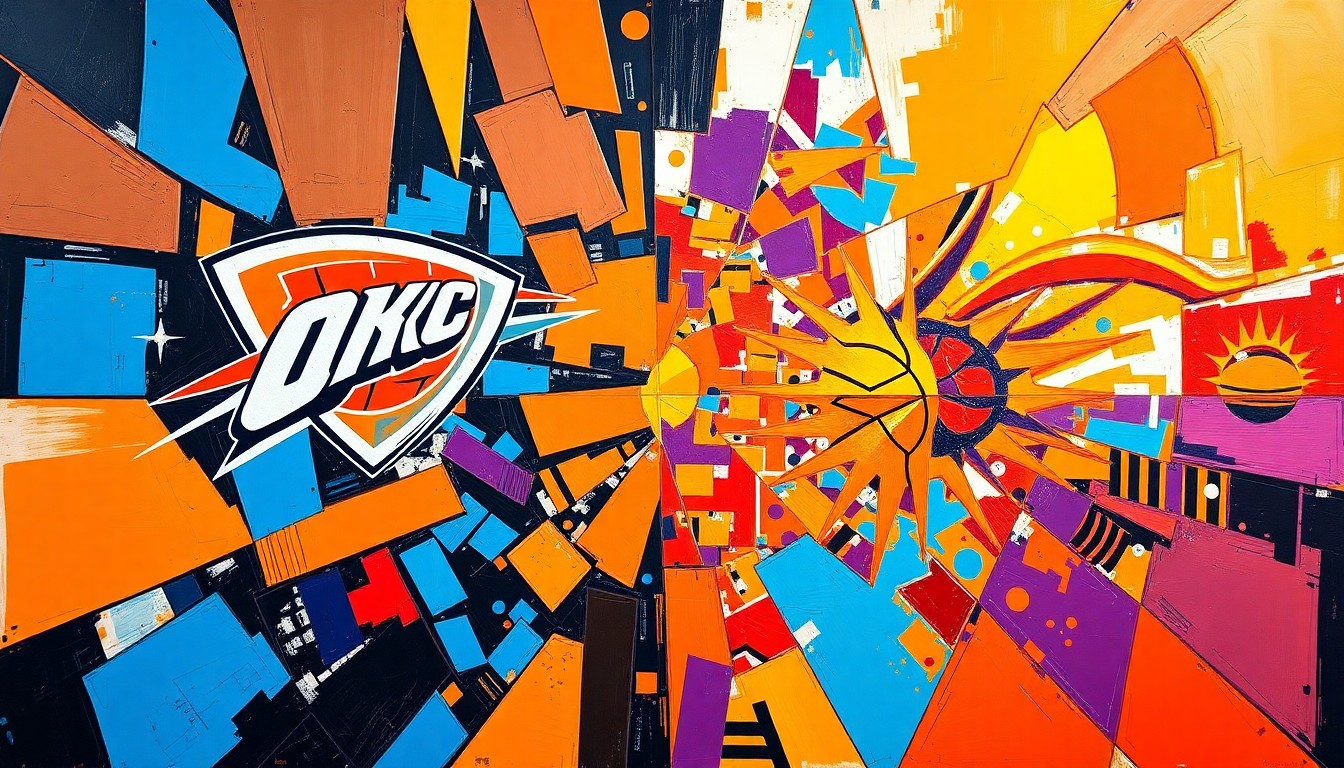 A fractured, cubist-style painting depicting the intense action of a basketball game between the Oklahoma City Thunder and Phoenix Suns, with sharp geometric shapes and planes of vibrant blue, orange, purple, and red colors colliding to represent the high-stakes playoff matchup.