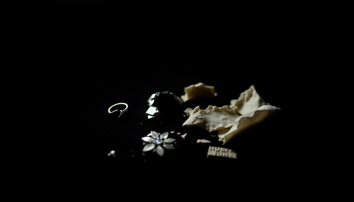 An extreme close-up photograph of a broken piece of jewelry or torn fabric, dramatically lit by a harsh flash against a pitch-black background, conceptually representing the violence and tragedy of the Ashanti Allen murder case.