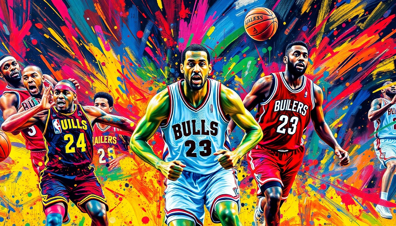 An abstract, expressionist painting depicting the intense energy and movement of an NBA playoff game, with players' forms dissolving into vibrant splashes of neon color.