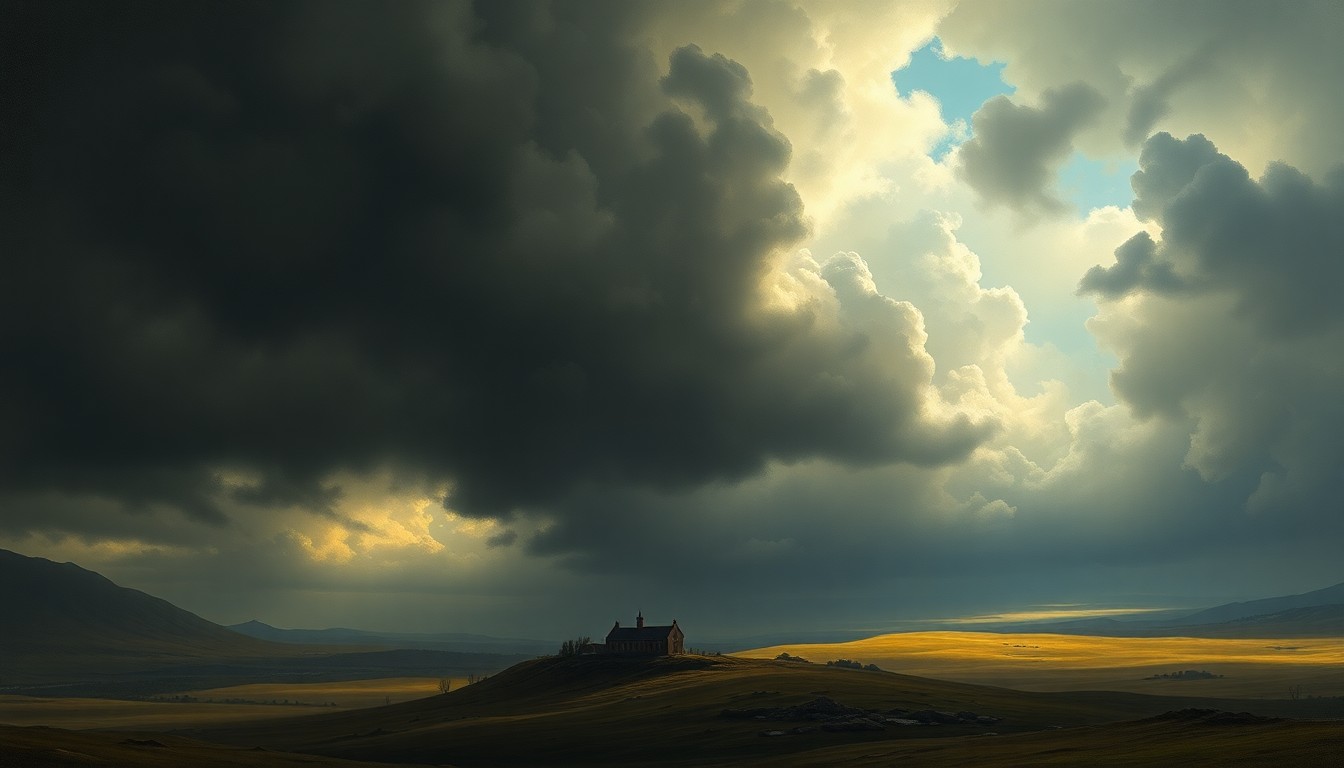 A vast, atmospheric landscape painting depicting dark, ominous clouds obscuring the horizon and casting a somber, melancholic mood over a small, isolated structure or landmark in the foreground, dwarfed by the overwhelming power of the natural elements.