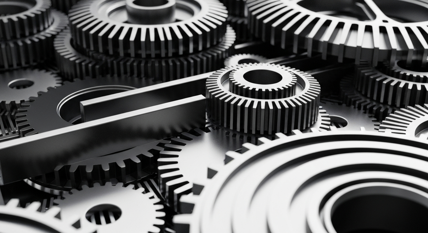 An extreme close-up of intricate, polished metal gears and machinery in shades of silver, steel, and black, conceptually representing the complex financial infrastructure and technological backbone of the global semiconductor industry.