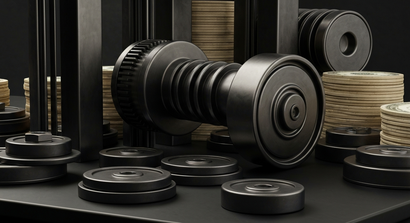 An extreme close-up of intricate, metallic machinery and components, conveying the complex financial infrastructure that underpins the technology sector.